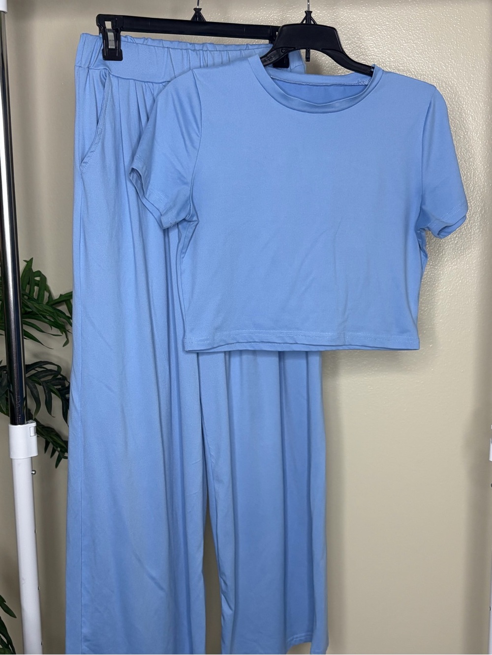 Blue Lounge Set Matching Crop Top Wide Leg Pants Soft Comfy Athleisure Travel - Picture 6 of 8